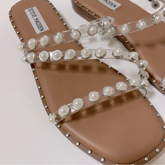 Steve Madden Skyler Studded Pearl Embellished Square Toe Flat Sandals Size 7.5 - Picture 2 of 13